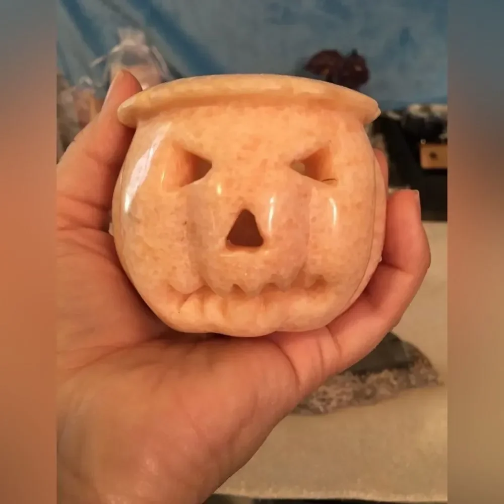 Hand Carved Sunstone Jack-o-lantern Pumpkin Crystal Candle Holder 358g